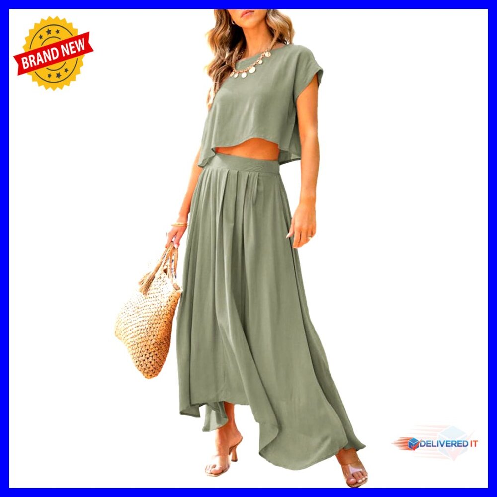 2 Piece Summer Outfit Crewneck Top Maxi Skirt Set Chic Casual Lightweight